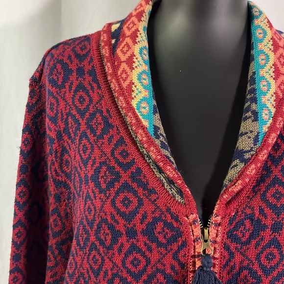 Sahalie Red Multicolor Printed Zip Front Wool Blend Duster Cardigan - Picture 5 of 16